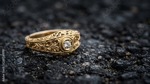 Gold decorative ring on a dark asphalt surface