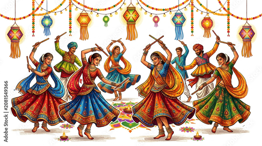 Obraz premium Vibrant traditional Indian dance celebration with colorful attire and festive decorations capturing rhythmic motion and cultural