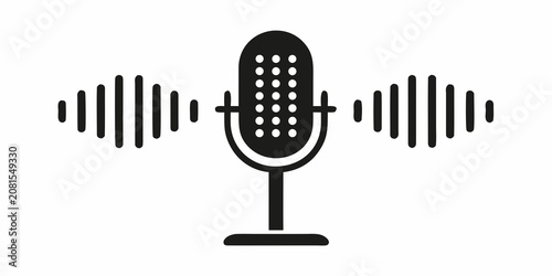 Obraz na płótnie Microphone Icon With Sound Waves Black Silhouette On White Background