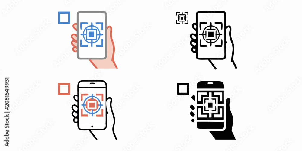 Fototapeta premium Scanning App Icon Set Flat Vector Illustrations With Hand Holding Device