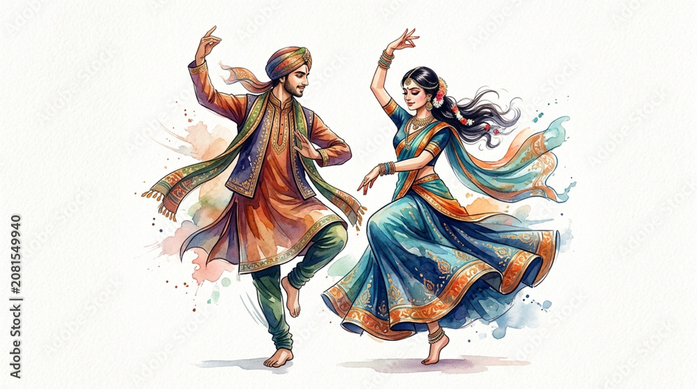 Fototapeta premium Elegant traditional dancers in vibrant colorful attire performing a cultural dance with flowing garments and expressive