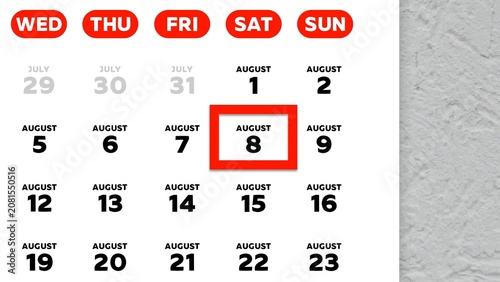 Close-up of August 8th date marked with a red cursor on a 2026 wall calendar