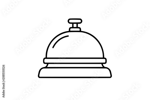 Minimal hotel bell vector icon with rounded dome and push button, clean hand-drawn line illustration for reception desk, concierge service, hospitality booking and travel lodging design