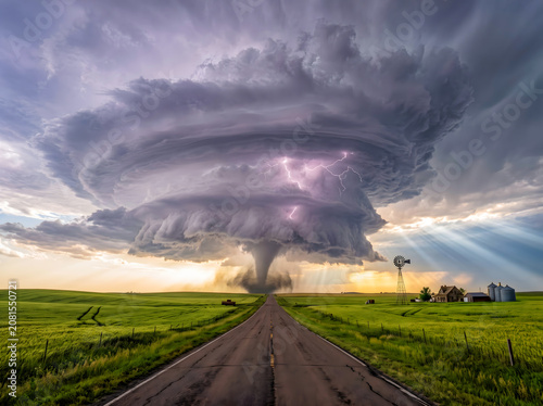 Massive Supercell Thunderstorm and Tornado Form over an Open Country Road Passing Through Green Fields with Lightning and a Vintage Windmill