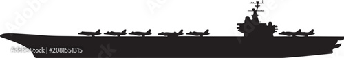 Fotografie Modern aircraft carrier with fighter jets silhouette