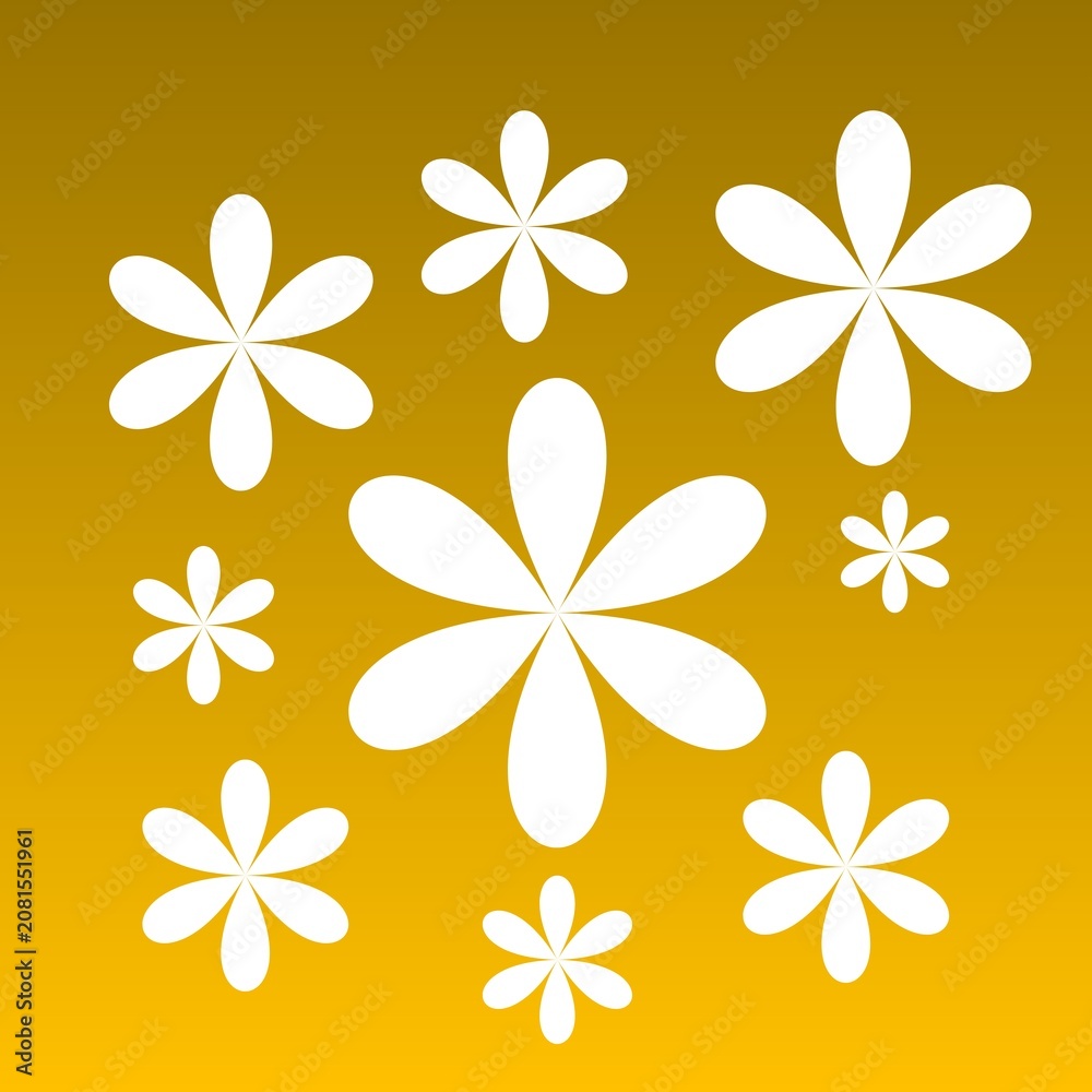 Fototapeta premium White Abstract Flowers on Mustard Yellow Background, Minimal Geometric Floral Pattern, Modern Six Petal Flower Wallpaper, Vector Style JPEG