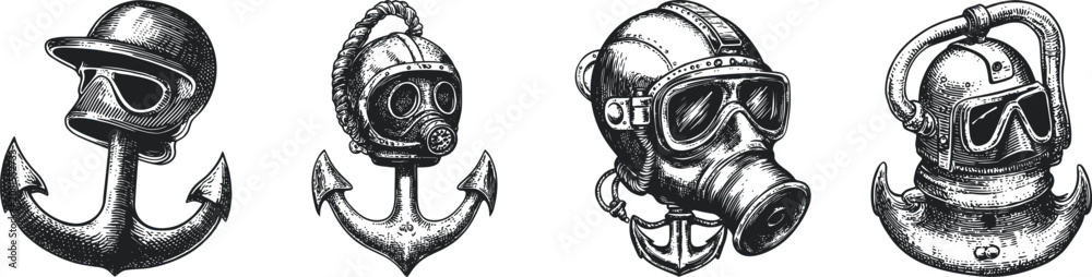 Fototapeta premium vintage helmets and nautical themes. 