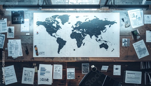 A cluttered office desk with a world map surrounded by papers and office supplies viewed from above