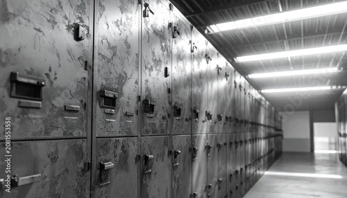 A long row of old metal lockers stands in a dimly lit industrial hallway with fluorescent lights and a concrete floor.