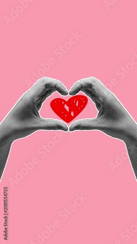 Two halftone hands forming beating heart shape on pink background. Vertical format, retro pop art style, seamless loop for social media and lifestyle content.