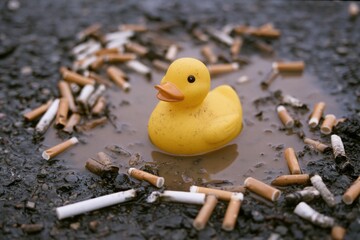 The Rubber Duck in a Muddy Street Amidst Cigarette Litter