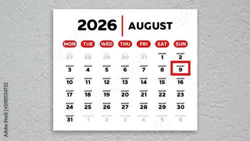Red cursor highlighting August 9th on a 2026 wall calendar page
