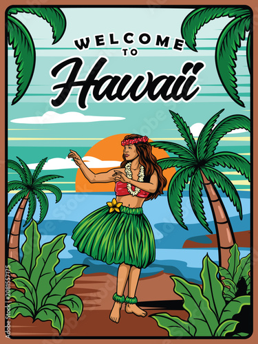 Foto Detailed vintage travel poster illustration featuring a traditional Hawaiian hul