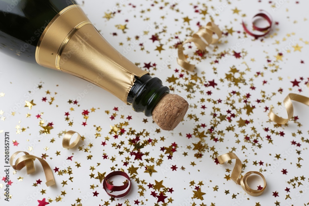 Fototapeta premium The Champagne Bottle Celebration Scene with Confetti, Ribbons, Sparkle, and Gold