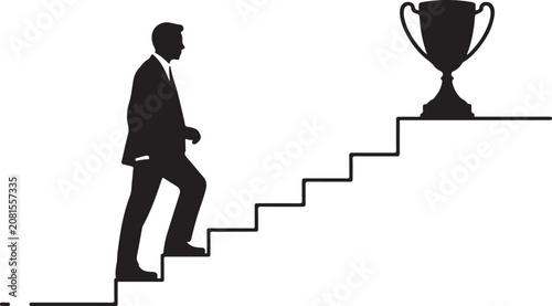 Businessman climbing stairs toward trophy