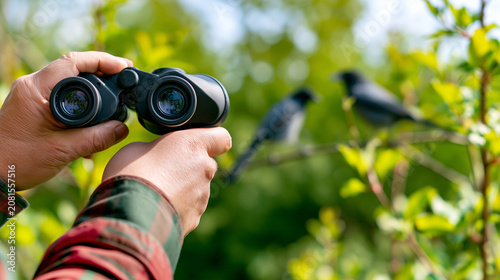 Hand holding binoculars while birdwatching, magpie perched on branch in green forest, nature observation hobby, ornithologist outdoors, wildlife exploration, birdwatching blog content.