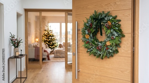 Elegant Christmas Wreath Decoration on White Door for Festive Season