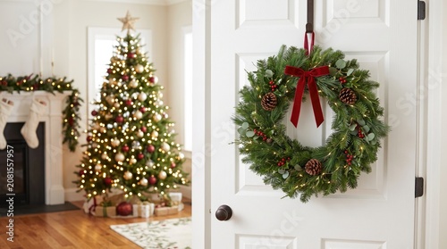 Cozy Holiday Home Entrance with Christmas Wreath and Tree Lights