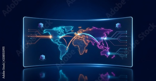 Glowing curved transparent screen displaying a colorful digital world map with connection lines representing global cloud computing and network infrastructure