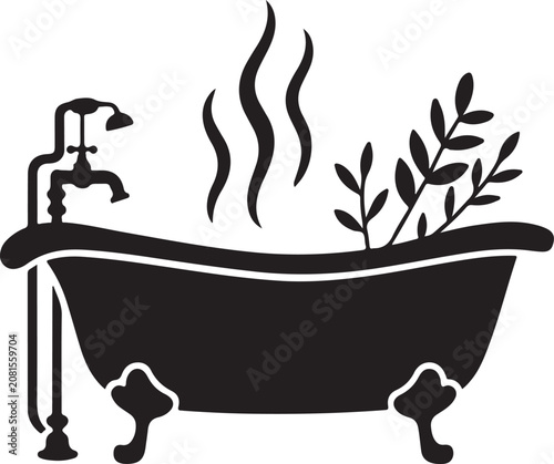 Black bathtub with steam and small plant illustration
