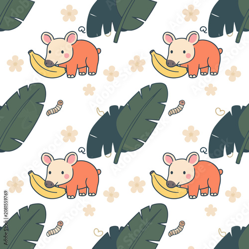 Cute cartoon piglet with banana and leaves