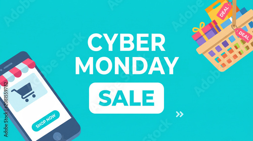 Cyber monday sale banner with smartphone and shopping basket illustration
