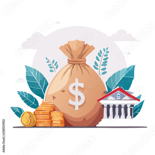 Flat illustration of money bag with dollar sign and coins