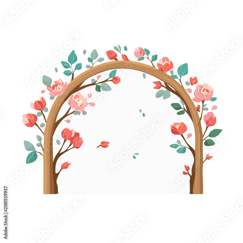 Floral arch with pink flowers and green leaves vector illustration