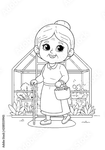 Elderly woman gardening in greenhouse illustration.
