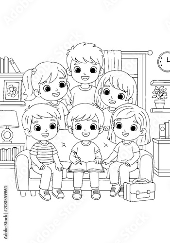 Happy Family Group Hug in Living Room Setting.