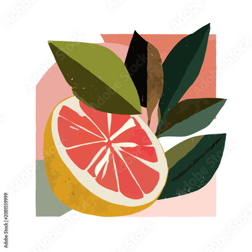 Grapefruit slice with leaves and abstract shapes