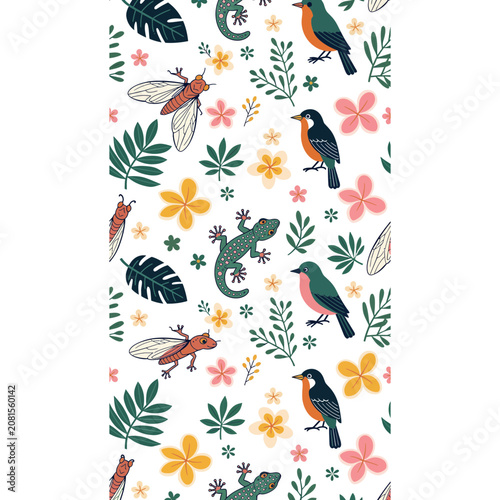 Pattern of birds, insects, and flowers