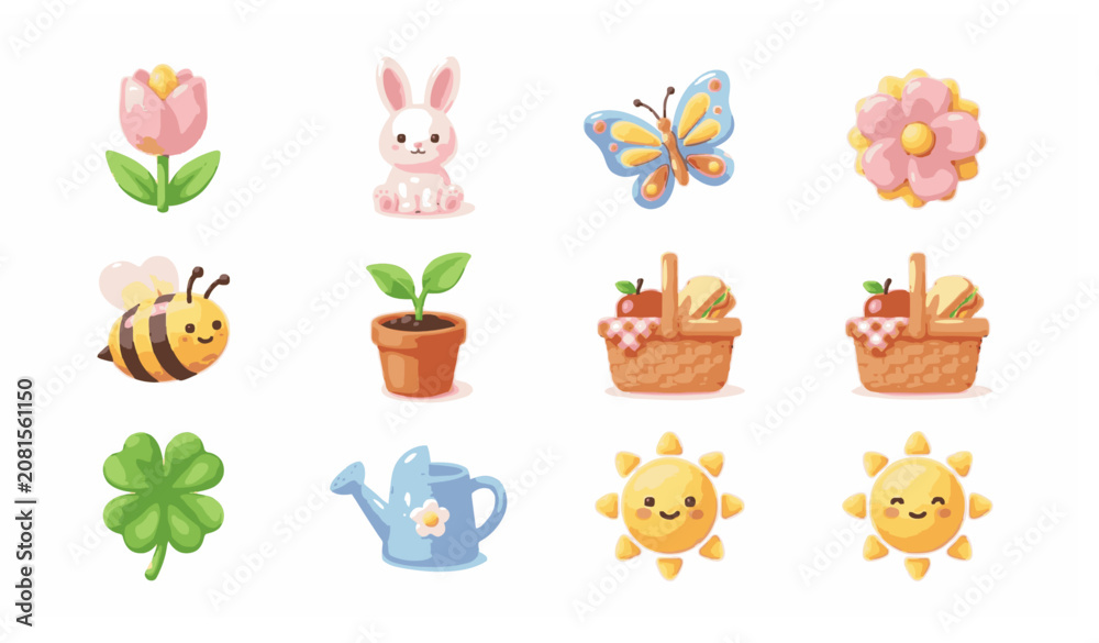Fototapeta premium Spring Vector Icon Set | 3D Spring Icons Collection | Flower, Rabbit, Butterfly, Bee, Sprout, Picnic Basket, Clover, Watering Can & Sun