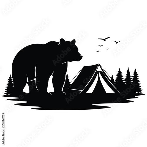 Bear at campsite silhouette with tent and trees illustration vector.
