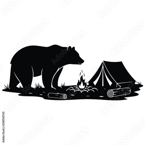 Bear camping silhouette with campfire tent and wood near forest nature vector illustration.