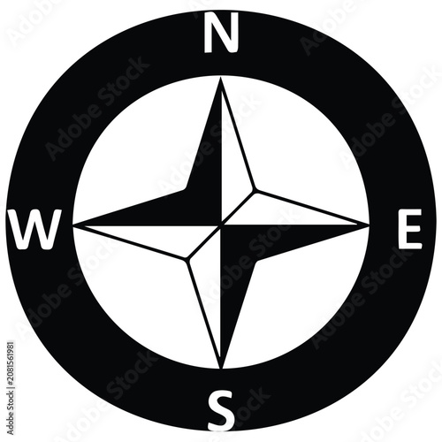 Compass rose silhouette vector illustration with N S E W directions for navigation.