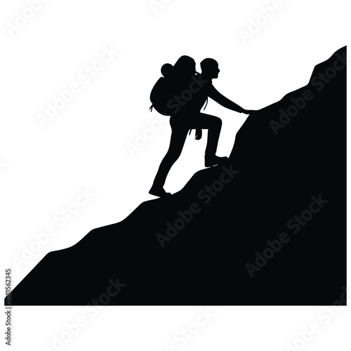 Silhouette hiker climbing mountain with backpack illustration vector.