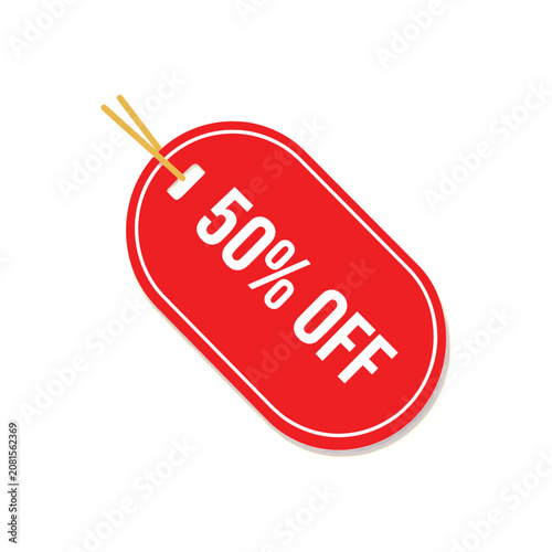 Fényképezés Red 50 percent off sale tag vector, promotional discount price label with string
