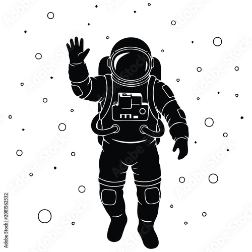 Spaceman floating among stars and planets vector illustration silhouette with waving hand.
