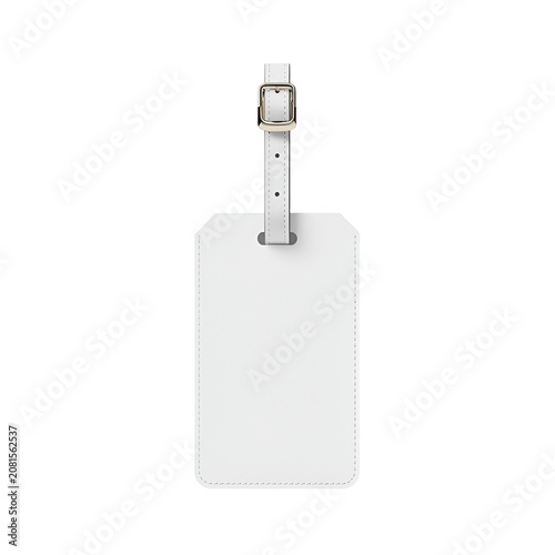 Fotografie Blank white luggage tag with leather strap on gray background