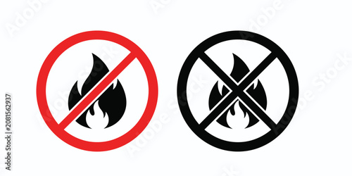 No Open Flame Sign Icons Set, Fire Prohibition Warning Symbol Vector