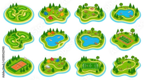 Outdoor recreational activities and sports on various island landscapes