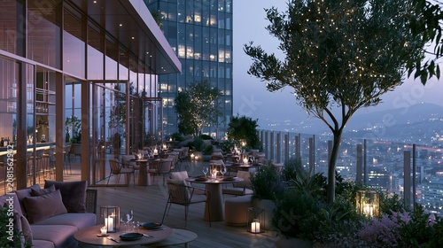Foto Luxurious modern rooftop restaurant and bar with panoramic city skyline views at twilight