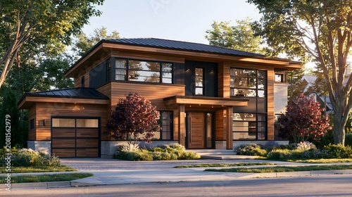 Modern luxury home with rich wood siding, dark metal, and large black windows. Contemporary architecture, bathed in golden light, presents sophisticated curb appeal for high-end real estate, design,