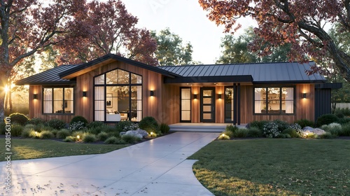 Εκτύπωση καμβά Modern single-story home, warm wood siding, black metal roof, large windows