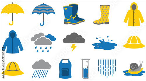 Tableau sur toile Vector icon collection for rainy weather featuring umbrellas boots raincoats sto