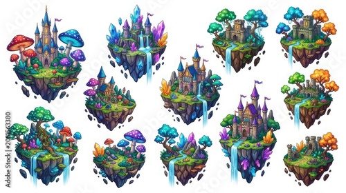 Whimsical fantasy castle landscapes with mushrooms and crystals