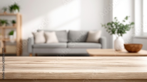 Softly lit living room interior with a wooden table in the foreground