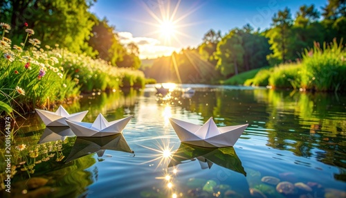 Paper boats floating on a serene river under the bright sun.
