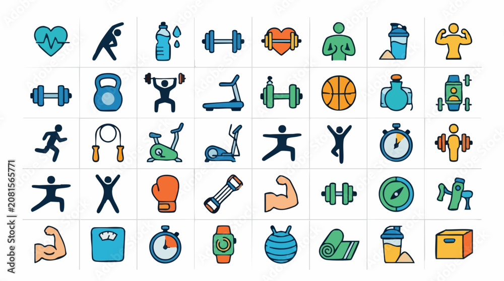 Fototapeta premium Fitness and Gym Exercise Icons Set with Workout Equipment and Sport Symbols